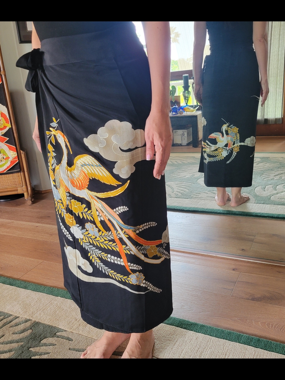 Hand Crafted Black Swim Sarong with Gold, Orange & Cream Crane Motif - Picture 3 of 7